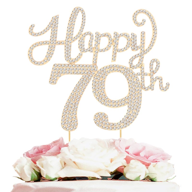 LASKYER Happy 79th Birthday Decorations,79th Birthday Gold Rhinestone Cake Topper - Cheers to 79 Years Old Bday Party Metal Sparkly Cake Centerpieces Sign. - Image 1